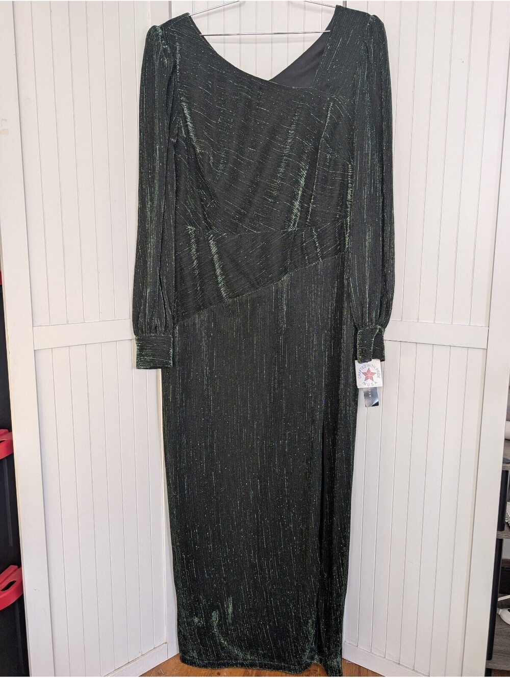 Betsy & Adam Gown 22W Green Metallic Long Sleeve Formal Maxi Dress NWT $299